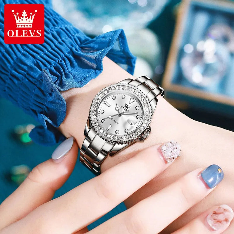 OLEVS-Relógio de quartzo feminino impermeável com diamante, senhoras elegantes relógios, relógio de pulso de aço inoxidável, moda original