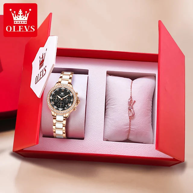 OLEVS-Relógio de luxo quartzo diamante para mulheres, espelho rombo, cronógrafo impermeável, relógios de vestido feminino, original, 9999