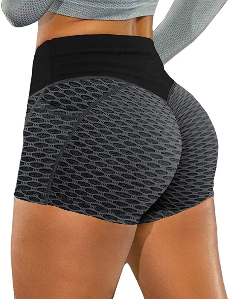 Shorts skinny de cintura alta com bolso para mulheres, leggings femininas de treino, shorts esportivos, push bumbum bolha, ginásio fitness