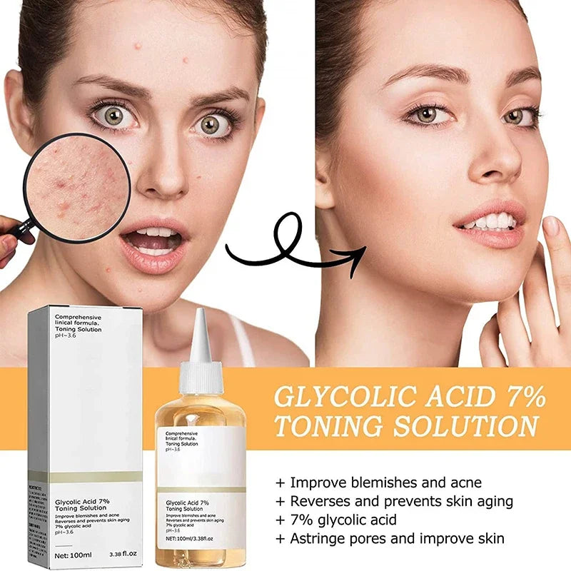 Solução com ácido glicólico para cuidados com a pele facial, Solução Tonificante, Tratamento Removedor de Acne, Lifting, Firming, Rugas, Brilhante, Acne, Novo, 7%