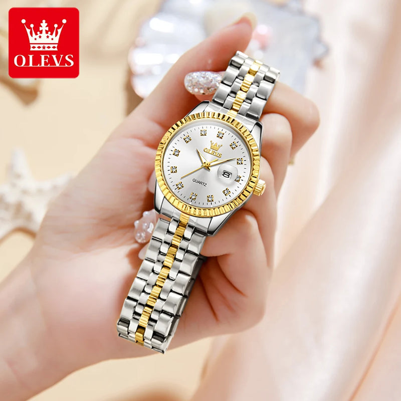 OLEVS Relógio de quartzo impermeável de aço inoxidável feminino, relógio de pulso elegante, data, original, luxo, 5526