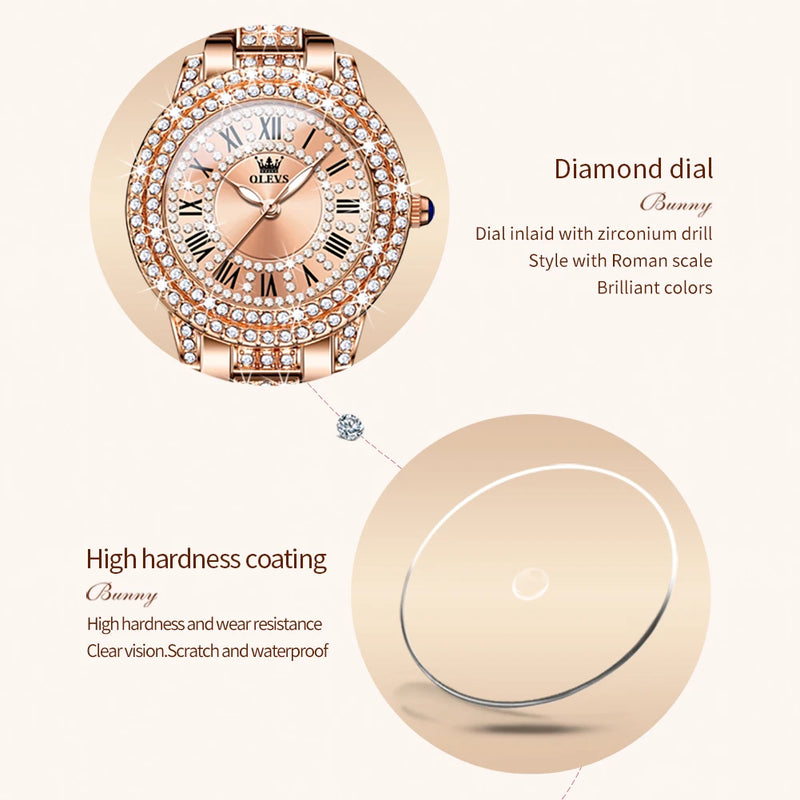 OLEVS-Relógio de quartzo feminino com pulseira de aço inoxidável, relógio de pulso para senhoras em ouro rosa, presente de luxo, marca superior, diamante, novo