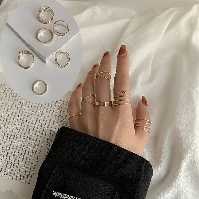 Lats 7pcs moda jóias anéis conjunto de venda quente de metal oco rodada abertura mulheres anel de dedo para a menina senhora presentes de casamento do partido