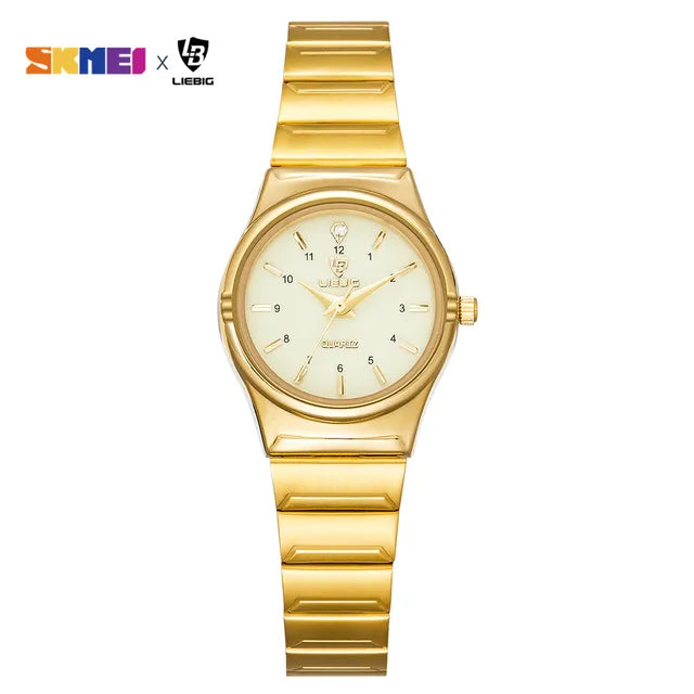 Relógio de pulso dourado em aço inoxidável para mulheres, pulseira feminina, relógio dourado, relógio de quartzo de luxo, novo
