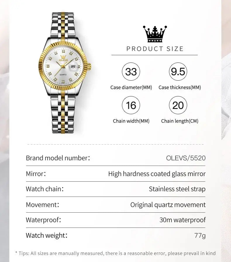 OLEVS Relógio de quartzo impermeável de aço inoxidável feminino, relógio de pulso elegante, data, original, luxo, 5526
