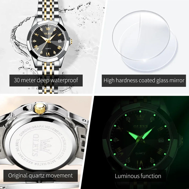 OLEVS-Impermeável Quartzo Relógios de Pulso, Estilo Elegante, Espelho Losango, Strap Aço Inoxidável, Original, Ladies, 9931