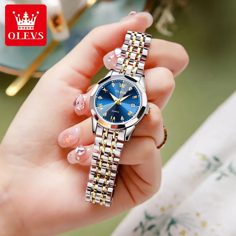 OLEVS-Impermeável Quartzo Relógios de Pulso, Estilo Elegante, Espelho Losango, Strap Aço Inoxidável, Original, Ladies, 9931