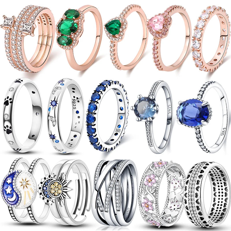 925 Sterling Silver Zircon Anéis para Mulheres, 100% Prata, Coração, Coroa, Estrela, Lua, Floco De Neve, Moda, Noivado, Jóias De Casamento