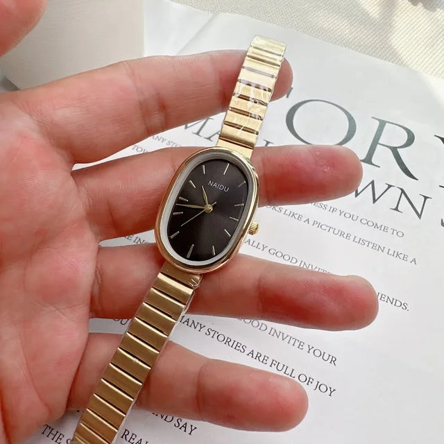 Relógio de quartzo oval pequeno mostrador de aço inoxidável feminino, pulseira de bambu, relógio de pulso feminino, luxo, Dropshipping, moda