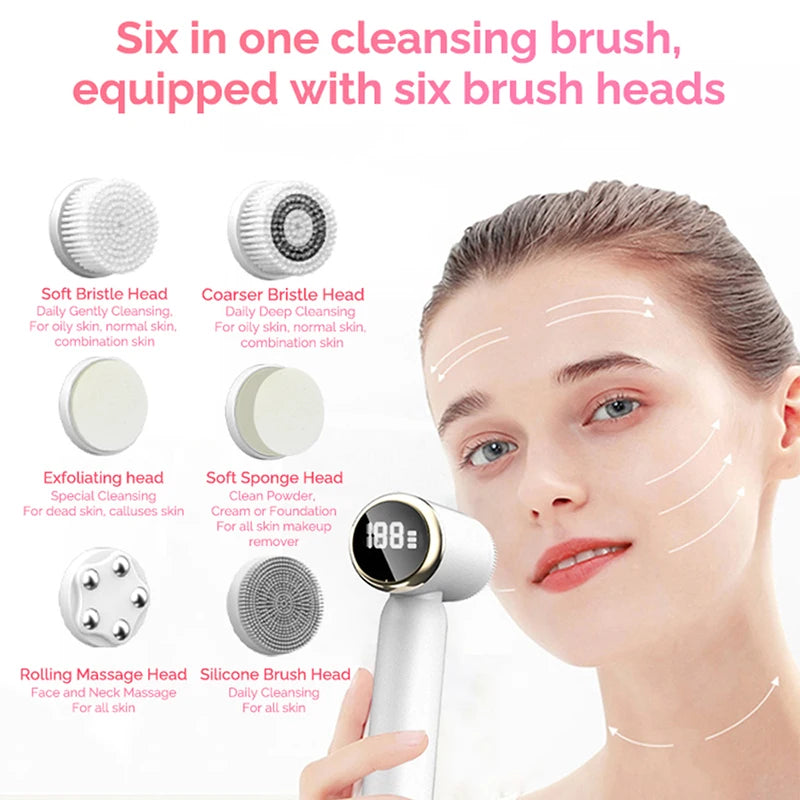 6 Em 1 Ultrasonic Rosto Elétrico Limpeza Escova Comprimir Terapia Facial Esfoliante Pore Cleaner Blackhead Remoção
