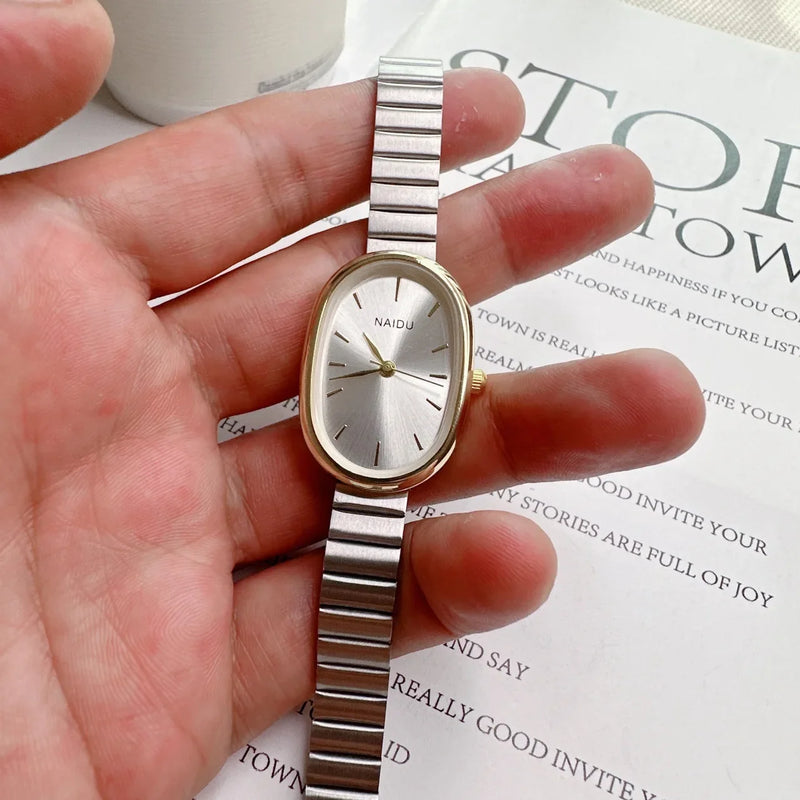 Relógio de quartzo oval pequeno mostrador de aço inoxidável feminino, pulseira de bambu, relógio de pulso feminino, luxo, Dropshipping, moda