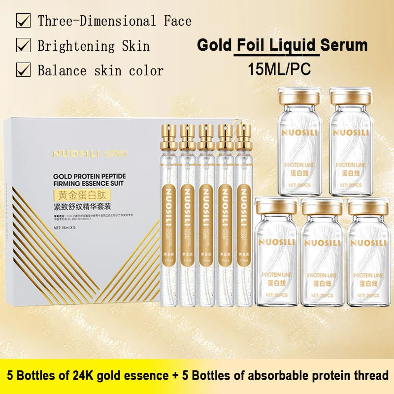 24k Gold Firming Essence Set, Fio de Seda Proteína Absorvível, Moldando Linhas Faciais, Anti-Envelhecimento, Desvanecendo Linhas Finas e Cuidados Rugas