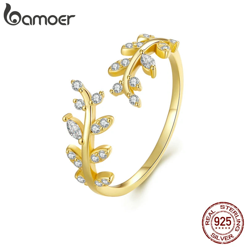 Bamoer-925 anel de prata esterlina para mulheres, jóias finas com design delicado folha, 2 cores, estilo coreano, presente de casamento