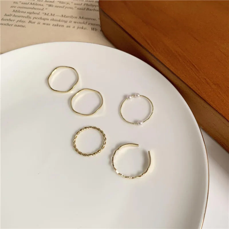 5 pçs/set anel feminino japonês estilo coreano simples três pérola ondulado combinação anel personalidade anel net cauda vermelha anel jóias