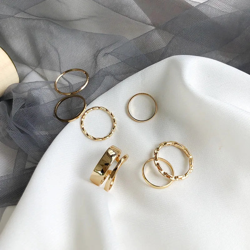 Lats 7pcs moda jóias anéis conjunto de venda quente de metal oco rodada abertura mulheres anel de dedo para a menina senhora presentes de casamento do partido