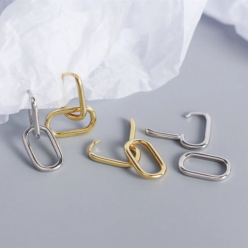 925 Sterling Silver Geometric Oval Hoop Earrings para mulheres, estilo simples de metal, destacável, autêntico, E-073