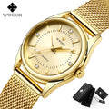 Wwoor vestido de marca de luxo relógio de ouro senhoras elegantes diamantes pequenos relógios de pulso de quartzo para as mulheres de malha de aço relógio zegarek damski
