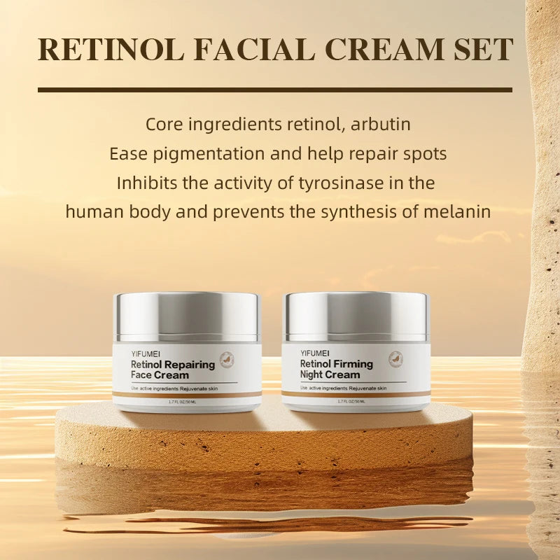 Retinol Reafirmante Face Cream Set, Kit Hidratante Dia e Noite, Clareamento Facial Anti-Envelhecimento, Brilho Receita Skincare, 2Pcs